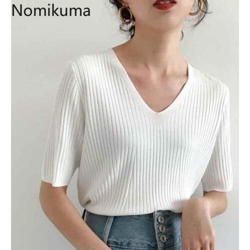 Nomikuma Women Short Sleeve Knitwear Korean Solid Causal V-neck Knitted Tops 2021 Spring Summer New Elegant Pull Jumpers 6E991