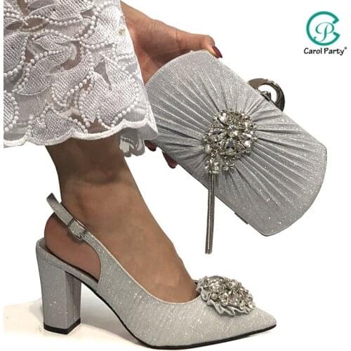 2020 New Ariival Fashionable Ladies Italian design Shoes and Bag Set Decorated with Rhinestone Shoes and Bags in Silver Color