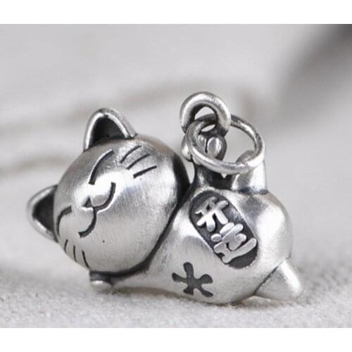 New 100% pure s990 silver retro matte fashion art good luck kitten diy accessories clavicle chain pendant for women