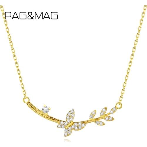 PAG&MAG Cute Butterfly Olive Leaf Pendant Necklace For Women 925 Sterling Silver Necklace CZ Stone Wedding Jewelry FN-0317