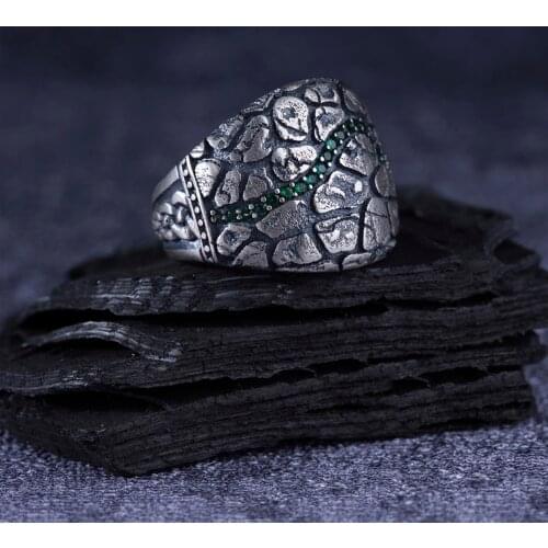 Green Zircon 925 Sterling Silver Special Craft Engraved Traditional Handmade Turkish Signet Ring Jewelry Gift for Women Men