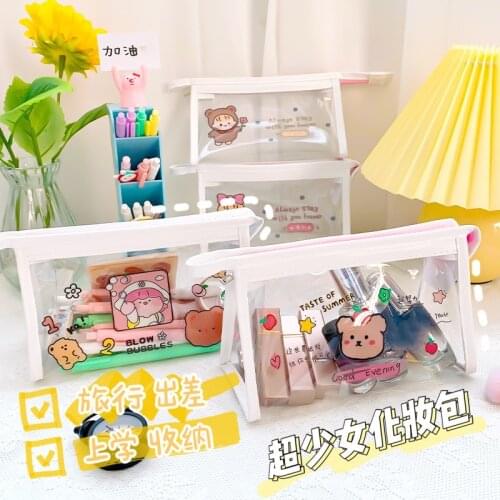 Kawaii Transparent PVC Waterproof Pencil Bag Large Capacity Cute Pencil Case School Office Supplies Stationery Organizer Bag
