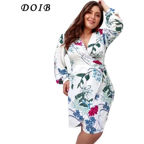DOIB Plus Size Dress Deep V Neck Floral Print Wrap Cross Long Lantern Sleeve A Line Bobycon Dresses XL XXL XXXL XXXXL