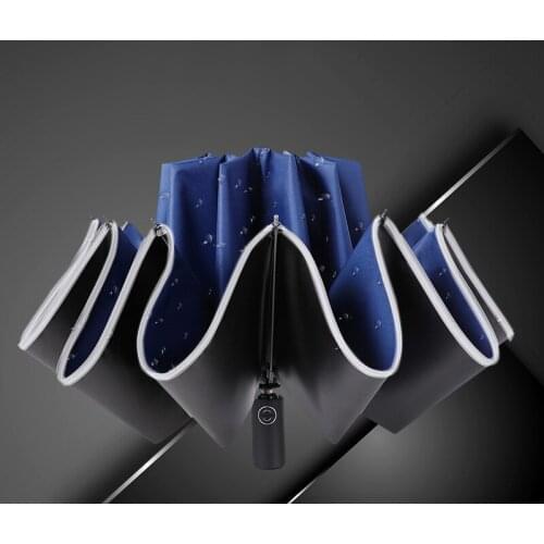 Windproof Automatic Folding Inverted Umbrella,10 Ribs Portable Reverse Umbrella With Reflective Stripes Parasol Men Sun Umbrella