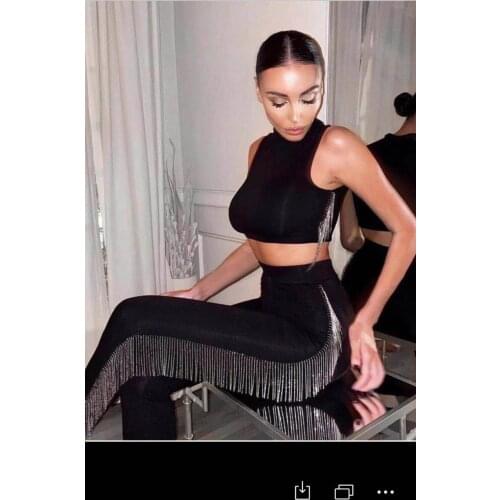 High quality black bodice fitted body trousers studded with brick chain trim bandages celebrity party two-piece set