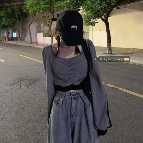 Womens Short T-shirt Autumn Long-Sleeved Top