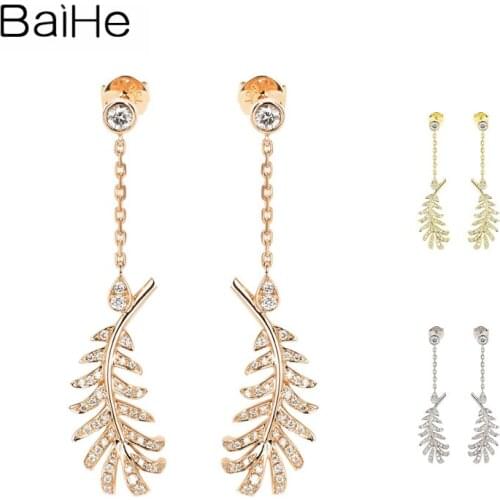 BAIHE Genuine Solid 18K Rose Gold 0.40ct H/SI Beautiful Feather Diamond Stud Earrings Long Diamond Earrings Fine Jewelry Women