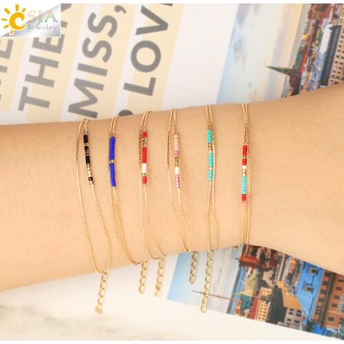 CSJA Bohemian Miyuki Bracelets for Women Adjustable Beads Bracelet 2-layer Cute Mini Delica Jewelry Gold Color Link Chain S187