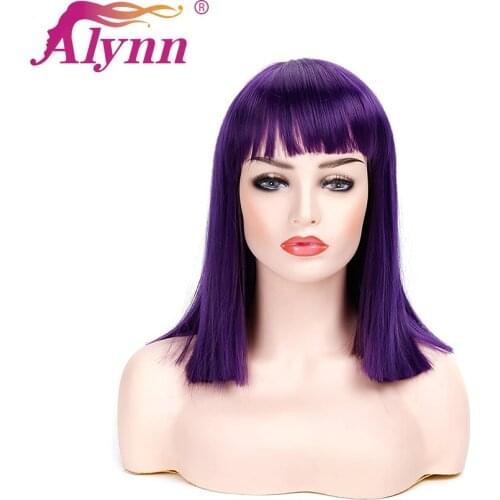 Alynn Short Straight Bob Wig Synthetic Hair With Flat Bangs Dark Purple Natural Looking Heat Resistant Cosplay Wigs For Women