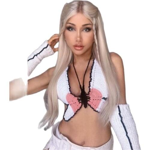 Halter Top Women 2021Knitted Hollow Butterfly White Corset Vest Women Tshirt Crop Top Dos Nue Sexy Fairy Camis Aesthetic Clothes