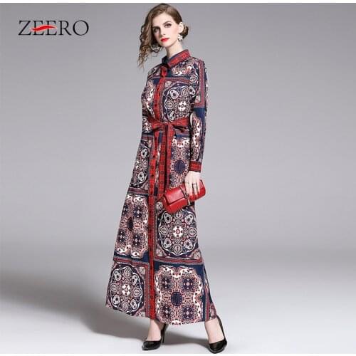 Women Dress 2021 Autumn Winter Womens Single-Breasted Long Sleeve Long Dress Beach Party Vintage Printed Long Dress With Belt