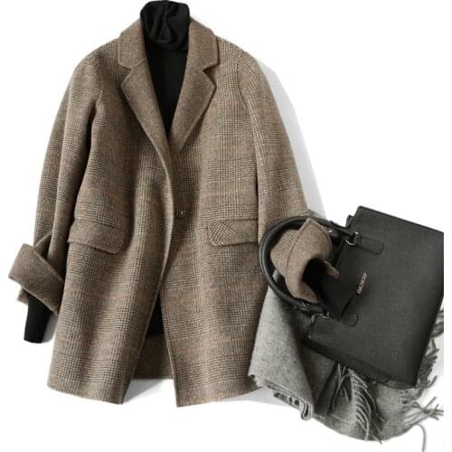 2021 Hand-Stitched Wool Double-Sided Plush Coat Plaid Coat Single Breasted Casual Cashmere Wool Coat Women Outerwear Female