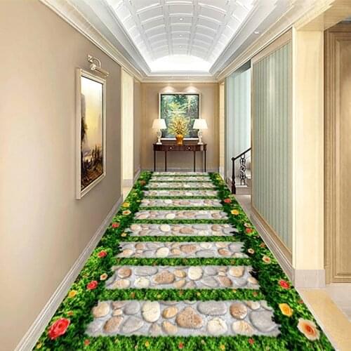 Custom 3D Floor Wallpaper Waterproof Self-adhesive Green Grass Flowers Stone Path Living Room Corridor Balcony Floor Sticker 3D