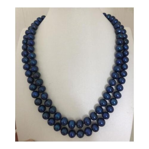 Two strands tahitian round9-10mm black blue pearl necklace 18"19"925s KKK