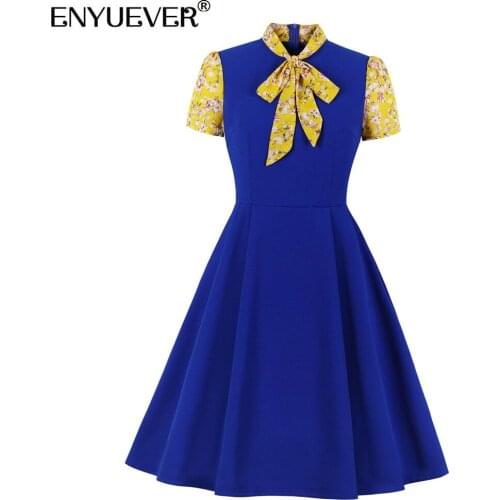 Enyuever Elegant Vintage Dress Autumn Women Clothing Bowknot Neck Floral Patchwork Short Sleeve Party Korean Fashion Dresses