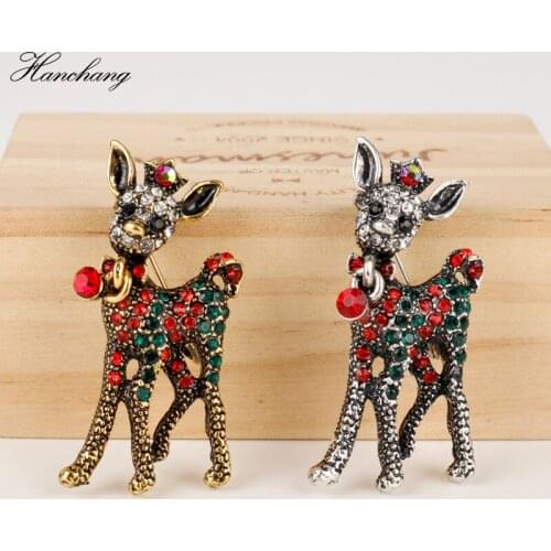 HANCHANG Cute Deer Brooch Fashion Charms Crystal Enamel Brooch Pins For Women Girls Sweater/Scarf Christmas Party Jewelry Gift
