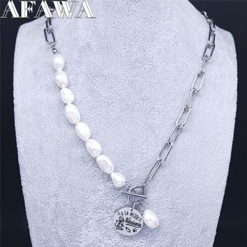Spanish Veterinarian Veterinario Stainless Steel Freshwater Pearls Necklace Women Silver Color Jewelry collares mujer N3748S01