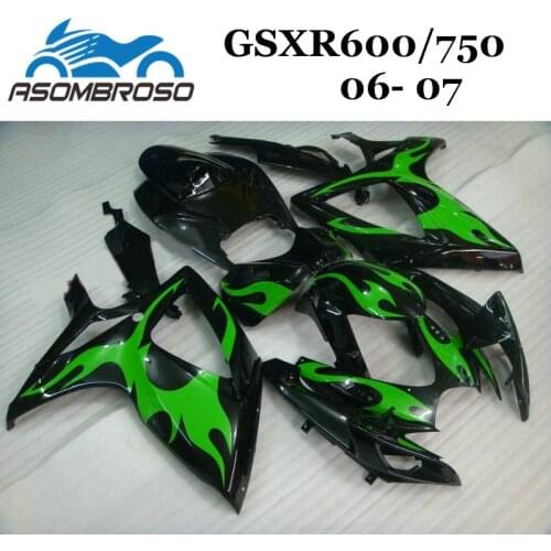Custom Bodywork for Suzuki 2006 2007 GSXR750 GSXR 600 100% Injection Fairing K6 GSX R600 2006 2007 green flames ABS Fairings kit
