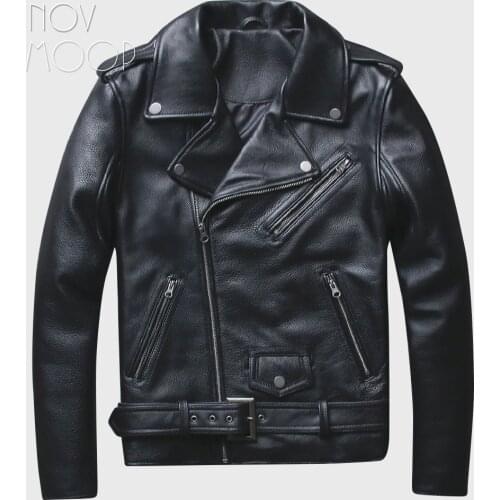Men off-center zipper black genuine leather cowskin Motorcycle biker jackets coats belt hem jaqueta de couro deri ceket LT2453