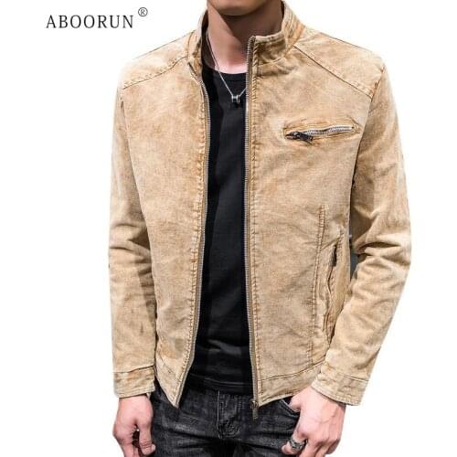 ABOORUN Mens Retro Zipper Denim Jacket High Quality Pure Cotton Slim fit Jean Coat for Male