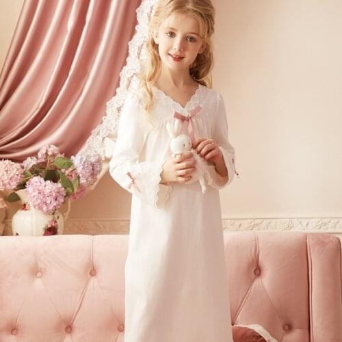 Autumn Spring Long Sleeve Nightgowns For Girls Soft Cotton Lace Hem Night Dress Kids Children Leisure Bathrobe Home Clothes
