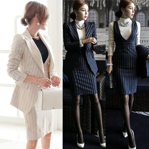Occupation OL autumn and winter long-sleeved dress two-piece dress stripe one button suit (coat + vest skirt)