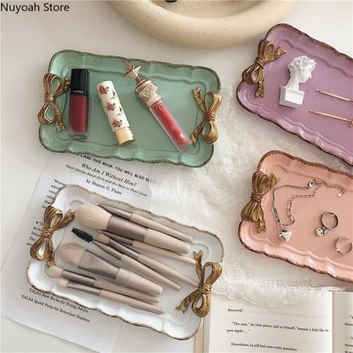 Retro Storage Tray Cosmetics Jewelry Storage Tray Bow Resin Tray Home Decoration Accessories Bathroom Kit Storage Decoration
