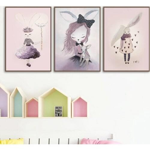 Blush Pink Rabbit Canvas Poster Nursery Wall Art Print Painting Nordic Watercolor Cartoon Picture Kids Girls Baby Room Decor