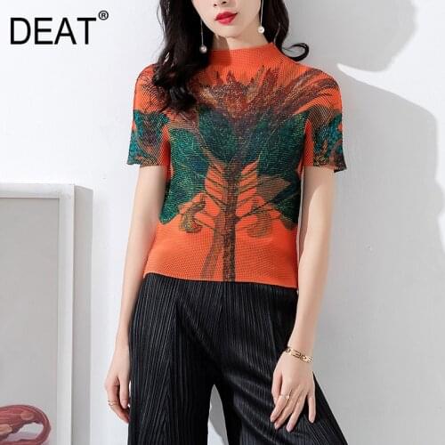 DEAT Pleated Woman T Shirt Stand Collar Short Sleeve Personality Print Fit Casual Style Elastic 2021 New Summer Fashion HT774