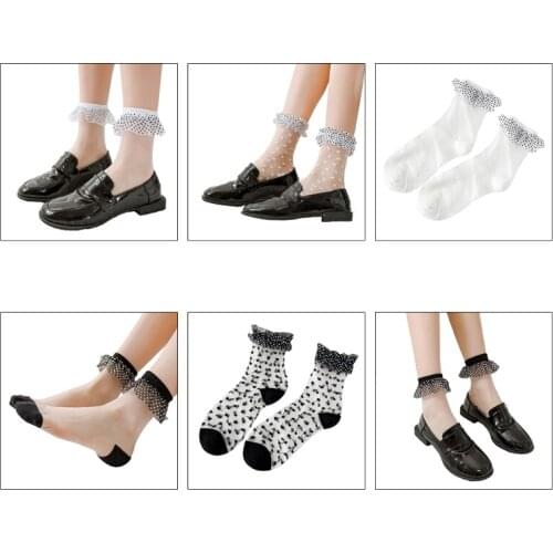 Women Lolita Summer Thin Crystal Glass Fiber Ankle Socks Sweet Polka Dot Ruffle Lace Top Harajuku Retro Transparent Silky