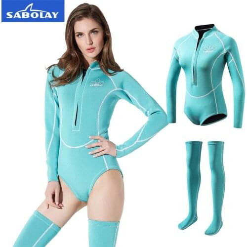 2MM Neoprene Bikini Wetsuit + Socks Diving Suit Women Long Sleeve Surfing Snorkeling Swimsuit Spearfishing Beach Bathing Wear