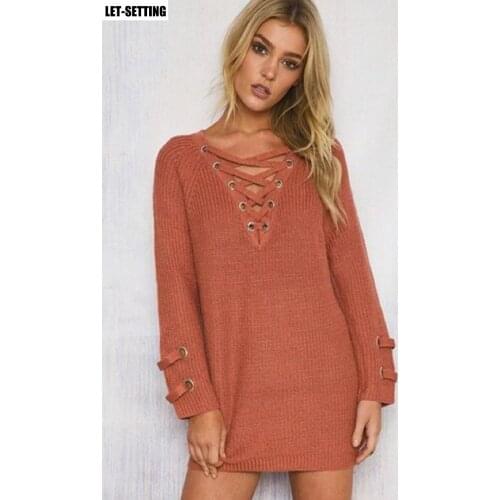 Cuffs decorated long section v-neck tie long-sleeved knit women sweater mix wind fashion novelties sexy casual pullover jumper