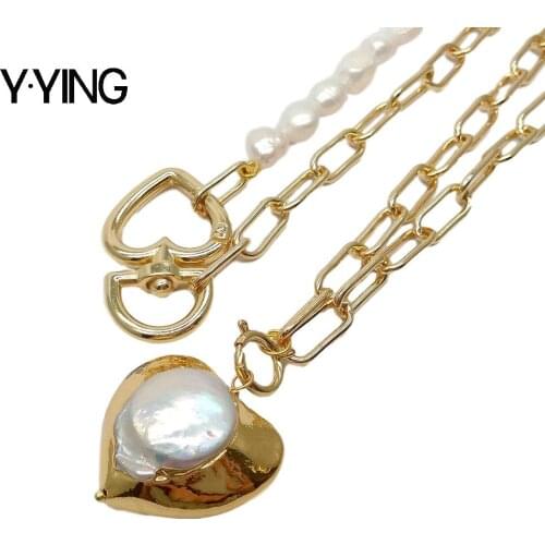Y·YING natural 2 Rows Cultured White Baroque Pearl statement Chain Necklace Heart-Shaped Pearl Pendant necklace for women