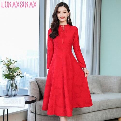 2020 New Spring Summer Women Plus Size M-5XL Loose Long Sleeve Dress High Quality Flowers Jacquard Elegant Lace Dress