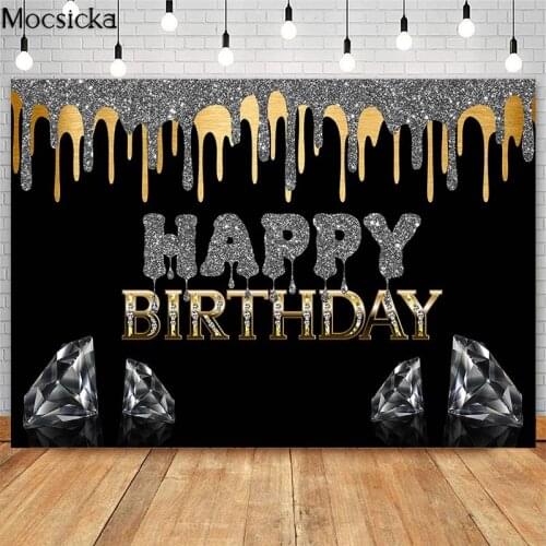 Glitter Silver And Gold Birthday Party Backdrop Crystal Diamond Decor Black Photography Background Cake Dessert Table Banner