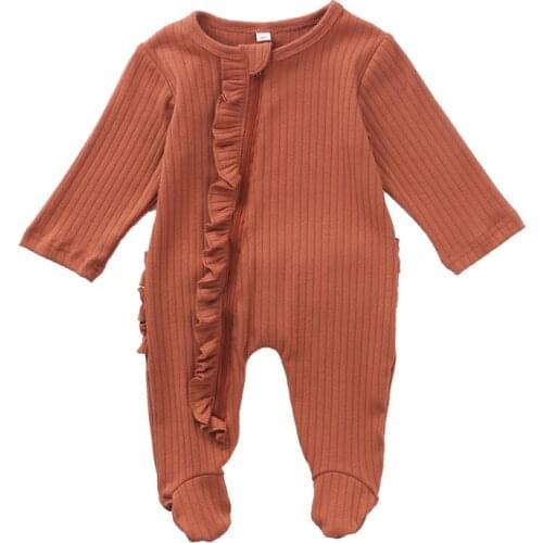 2020 Newborn One-piece Pajamas Rompers, Infant Solid Color Ribbed Knitted Long Sleeve Ruffles Jumpsuit Autumn Zipper Homewear