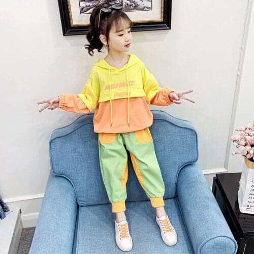 Girl Spring Autumn Hooded Sport Clothing Set Children Hooded Printed Sweater Pants 2pcs Outfits Kids Casual Cotton Tracksuits