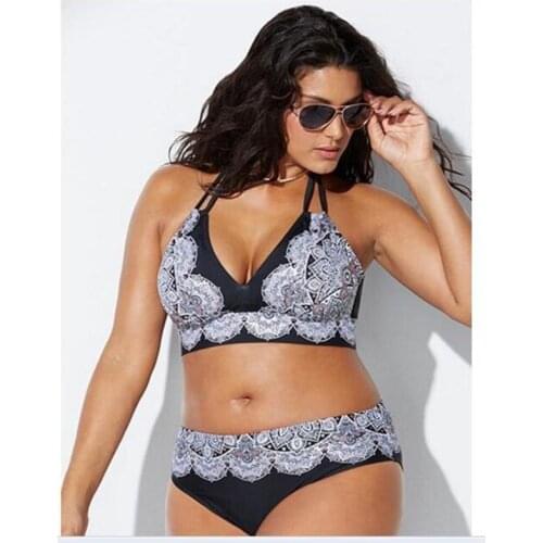 2021 Swimwear High Waisted Two Piece Plus Size Large Size Plus Fat Printed Swimsuit Women Back Chalaza Bikini Beach Bathing Suit