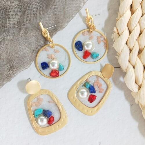 Fashion Big Transparent Imitation Pearls Metal Acrylic Earrings Women Party Jewelry Luxury Geometric Stone Resin Earrings