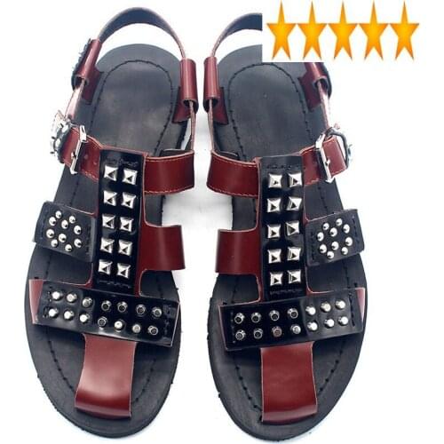 Studded Summer Gladiator Runway Men Handmade Rivets Cow Genuine Leather Flat Shoes Buckle Strap Sandals Big Size