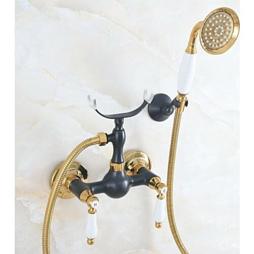 Black & gOLD Brass Shower Faucets Set Wall Mounted Bath Shower Faucets Mixer Tap With Hand Sprayer Shower Head Kna564