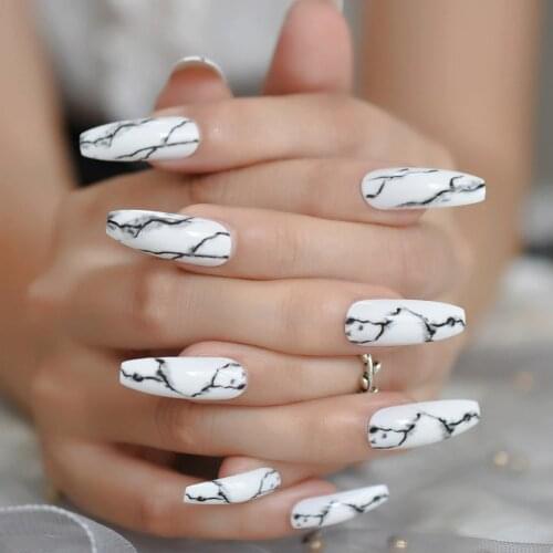 White Marble Designed Fake Nail Long Smooth Pre-designed Salon Artificial Coffin Nail With Doubled Tape Nail Tips