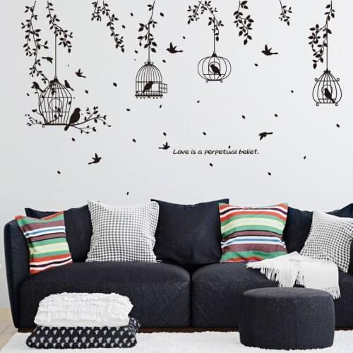 Black Birdcage Leaf Silhouette Wall Sticker Home Decor TV Sofa Porch Dining Room Bedside Living Room Furniture Wallpaper Decals