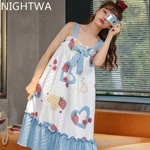 NIGHTWA Summer Nightgowns Women Girls Sleepshirts Sleeveless Strap Sexy Printed Loose Homewear Korean Style Casual Trendy