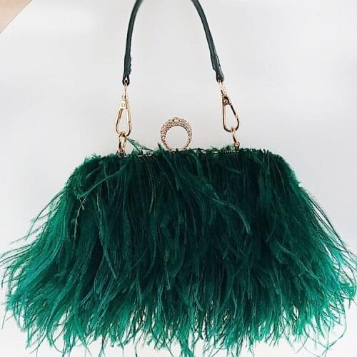 New Real Ostrich Fur Womens Evening Bags Diamond Ring Soft Tassel Handmade Wedding Shoulder Bag Handbags Women