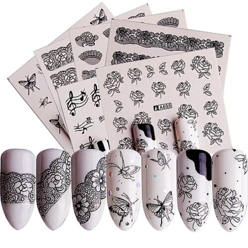 12 Sheets water transfer nail art decoration stickers black flower lace design nails decals accessoires supplies tool new arrive
