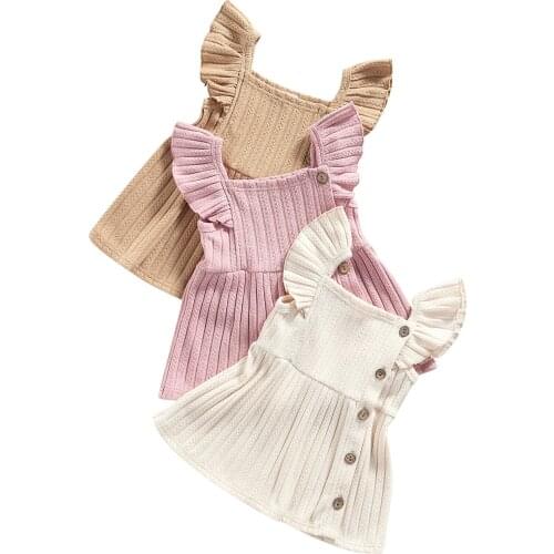 Baby Girls Casual Princess Dress Solid Color Square Collar Fly Sleeve Buttons Dress Sweet Summer Clothes 0-24M