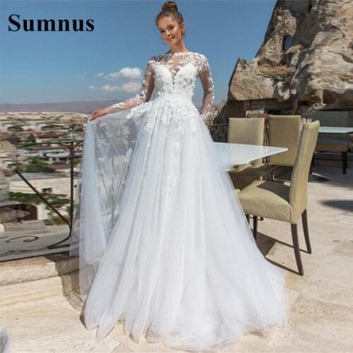 Sumnus Princess Wedding Dresses 2021 Long Sleeves Appliques Lace A-Line Muslim Bridal Gowns Plus Size Vestidos De Mariee