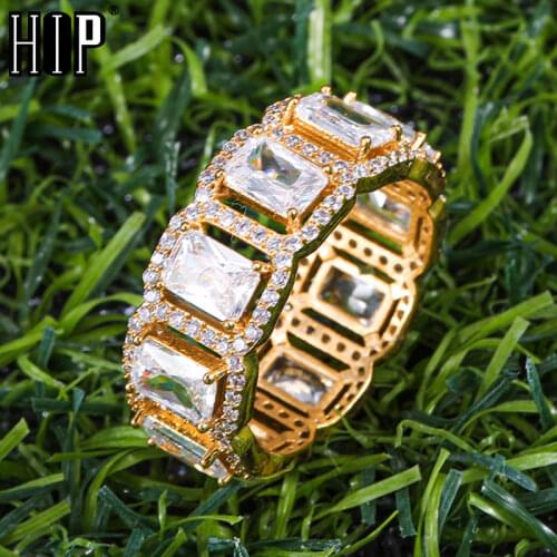 Hip Hop Popular CZ Stones Baguette Tready Bling Iced Out Copper Zircon Ring For Men Women Jewelry