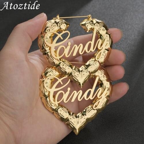 Atoztide Large Hoop Earrings for Women Stainless Steel 3 Color Hollow Letter Name Bamboo Circle Custom Earring Jewelry Gift